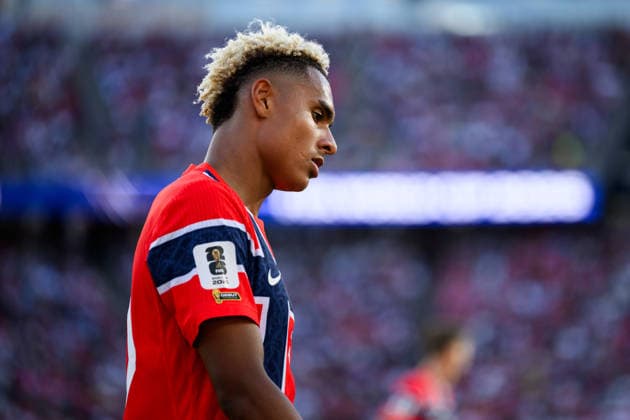 260616 Antonio Nusa of Norway looks dejected during the FIFA World Cup, WM, Weltmeisterschaft, Fussball 2026 group stage football match between Iraq and Norway on June 16, 2026 in Foxborough. Photo: Jon Olav Nesvold BILDBYRAN COP 217 VG0955 bbeng fotboll football soccer fotball vm fotbolls-vm fotball-vm fotbolls-vm 2026 fifa world cup 2026 norge norway iraq irak depp