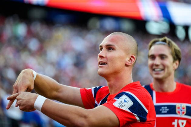 260616 Leo ostigard of Norway celebrates after scoring 1-3 during the FIFA World Cup, WM, Weltmeisterschaft, Fussball 2026 group stage football match between Iraq and Norway on June 16, 2026 in Foxborough. Photo: Jon Olav Nesvold BILDBYRAN COP 217 VG0955 bbeng fotboll football soccer fotball vm fotbolls-vm fotball-vm fotbolls-vm 2026 fifa world cup 2026 norge norway iraq irak jubel