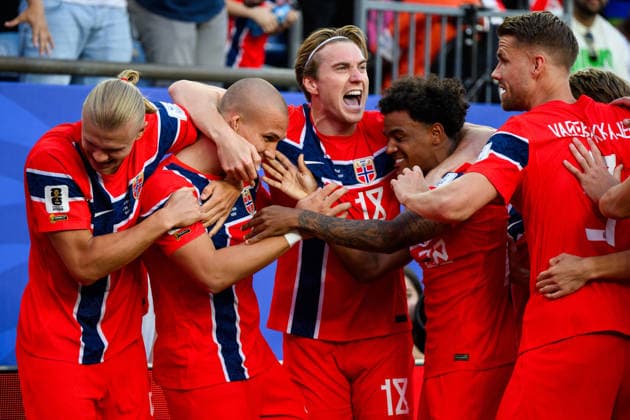 260616 Erling Braut Haaland, Leo ostigard, Kristian Thorstvedt and Oscar Bobb of Norway celebrate after scoring 1-3 during the FIFA World Cup, WM, Weltmeisterschaft, Fussball 2026 group stage football match between Iraq and Norway on June 16, 2026 in Foxborough. Photo: Jon Olav Nesvold BILDBYRAN COP 217 VG0955 bbeng fotboll football soccer fotball vm fotbolls-vm fotball-vm fotbolls-vm 2026 fifa world cup 2026 norge norway iraq irak jubel