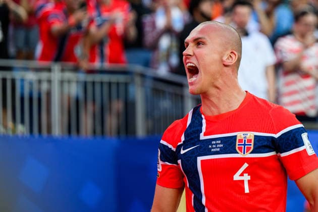 260616 Leo ostigard of Norway celebrates after scoring 1-3 during the FIFA World Cup, WM, Weltmeisterschaft, Fussball 2026 group stage football match between Iraq and Norway on June 16, 2026 in Foxborough. Photo: Jon Olav Nesvold BILDBYRAN COP 217 VG0955 bbeng fotboll football soccer fotball vm fotbolls-vm fotball-vm fotbolls-vm 2026 fifa world cup 2026 norge norway iraq irak jubel