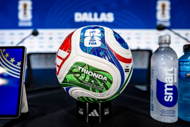 DALLAS - The Adidas Trionda match ball on the press conference, PK, Pressekonferenz table during the 2026 World Cup, England MD-1 press conference at AT&T Stadium on June 16, 2026, in Dallas, United States. (Photo by Stefan Koops EYE4IMAGES DeFodi Images) -