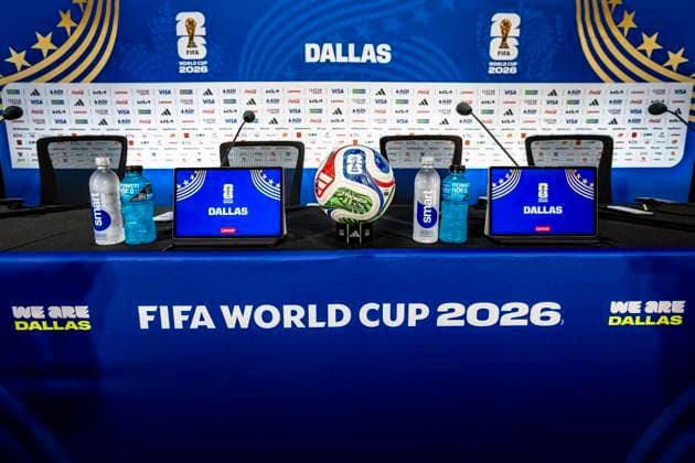 DALLAS - press conference, PK, Pressekonferenz table during the 2026 World Cup, England MD-1 press conference at AT&T Stadium on June 16, 2026 in Dallas, United States. (Photo by Stefan Koops EYE4IMAGES DeFodi Images) -