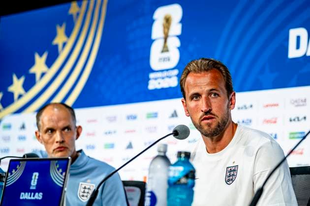DALLAS - (r) Harry Kane of England during the 2026 World Cup, England MD-1 press conference, PK, Pressekonferenz at AT&T Stadium on June 16, 2026 in Dallas, United States. (Photo by Stefan Koops EYE4IMAGES DeFodi Images) -