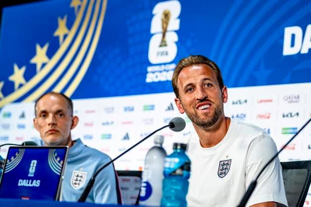 DALLAS - (r) Harry Kane of England during the 2026 World Cup, England MD-1 press conference, PK, Pressekonferenz at AT&T Stadium on June 16, 2026 in Dallas, United States. (Photo by Stefan Koops EYE4IMAGES DeFodi Images) -
