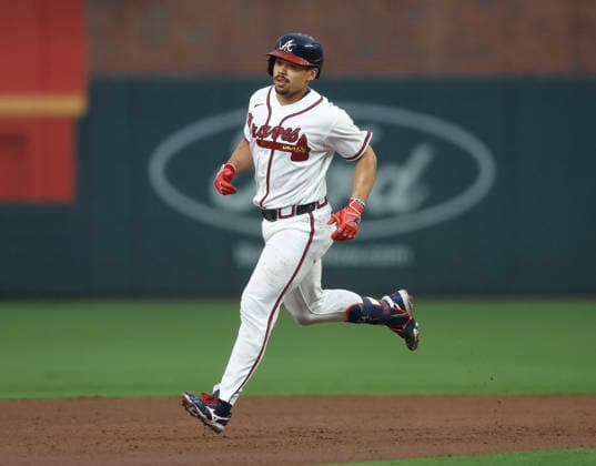 Catcher Drake Baldwin 30 of the Atlanta Braves runs the bases after hitting a solo home run in the first inning against the San Francisco Giants at Truist Park on Tuesday, June 16, 2026 in Atlanta, Georgia.  ATL20260616107 MikexZarrilli
