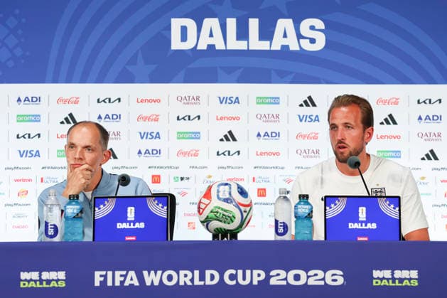 England v Croatia, FIFA World Cup, WM, Weltmeisterschaft, Fussball 2026 press conference, PK, Pressekonferenz England forward Harry Kane (9) and England Head Coach Thomas Tuchel GER during the MD-1 England Press Conference ahead of the England v Croatia FIFA WORLD CUP 2026 match, Dallas Stadium, Arlington, United States on 16 June 2026 Credit: Phil Duncan Every Second Media Editorial use only. All images are copyright Every Second Media Limited. No images may be reproduced without prior permission. Copyright: xIMAGO EveryxSecondxMediax ESM-2040-0012 PhilxDuncanx xEveryxSecondxMediax