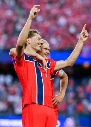 260616 Sander Berge and Erling Braut Haaland of Norway after the FIFA World Cup, WM, Weltmeisterschaft, Fussball 2026 group stage football match between Iraq and Norway on June 16, 2026 in Foxborough. Photo: Vegard Grott BILDBYRAN kod VG VG0955 bbeng fotboll football soccer fotball vm fotbolls-vm fotball-vm fotbolls-vm 2026 fifa world cup 2026 norge norway iraq irak jubel