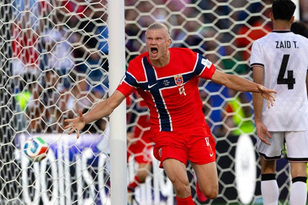 June 16, 2026; Foxborough, Massachusetts, USA; Norway forward Erling Haaland (9) celebrates a goal in a FIFA World Cup, WM, Weltmeisterschaft, Fussball 2026 Group I match between Iraq and Norway at Boston Stadium. (c) CSM - ZUMAc04_ 20260616_zma_c04_029 Copyright: xBurtxGranofskyx