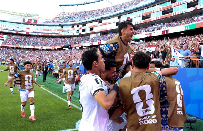(260617) -- BOSTON, June 17, 2026 -- Players of Iraq celebrate scoring during the group I match between Norway and Iraq at the FIFA World Cup, WM, Weltmeisterschaft, Fussball 2026 at Boston Stadium in Boston, the United States, June 16, 2026. ) (SP)U.S.-BOSTON-FOOTBALL-FIFA WORLD CUP-GROUP I-NOR VS IRQ ChenxYichen 