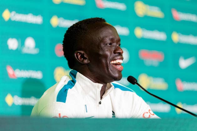 SOCCER AUSTRALIA TRAINING, Socceroos player Awer Mabil seen during a press conference, PK, Pressekonferenz at the Oakland Roots Sports Club in Alameda, California, United States, Tuesday, June 16, 2026. ( NO ARCHIVING Alameda California United States  Copyright: xJasonxHenryx 20260617190871560250