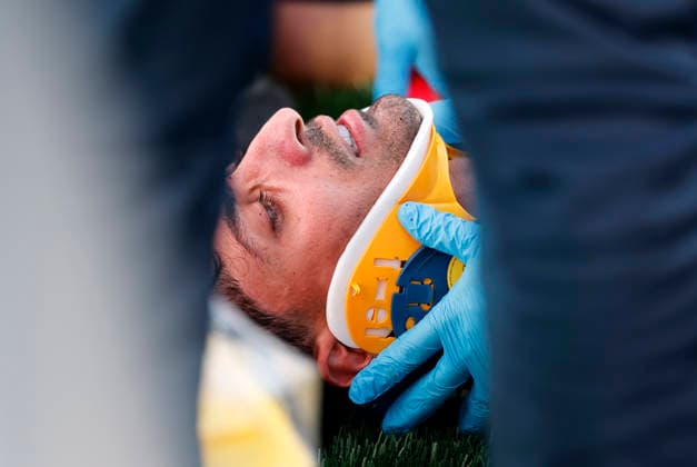 FOXBOROUGH, MA - JUNE 16: A cervical collar is placed on Ali Jasim 17 of Iraq during a FIFA World Cup, WM, Weltmeisterschaft, Fussball 2026 Group I match between Iraq and Norway on June 16, 2026 at Boston Stadium in Foxborough, Massachusetts. (Photo by Fred Kfoury III Icon Sportswire) SOCCER: JUN 16 FIFA World Cup 26 Group I - Iraq vs Norway EDITORIAL USE ONLY Icon13064