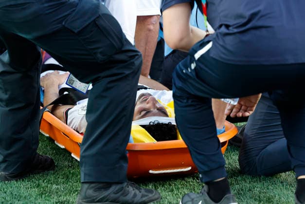 FOXBOROUGH, MA - JUNE 16: Ali Jasim 17 of Iraq is put on a stretcher during a FIFA World Cup, WM, Weltmeisterschaft, Fussball 2026 Group I match between Iraq and Norway on June 16, 2026 at Boston Stadium in Foxborough, Massachusetts. (Photo by Fred Kfoury III Icon Sportswire) SOCCER: JUN 16 FIFA World Cup 26 Group I - Iraq vs Norway EDITORIAL USE ONLY Icon13149