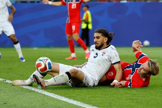 FOXBOROUGH, MA - JUNE 16: Akam Hashim 5 of Iraq defends in the box during a FIFA World Cup, WM, Weltmeisterschaft, Fussball 2026 Group I match between Iraq and Norway on June 16, 2026 at Boston Stadium in Foxborough, Massachusetts. (Photo by Fred Kfoury III Icon Sportswire) SOCCER: JUN 16 FIFA World Cup 26 Group I - Iraq vs Norway EDITORIAL USE ONLY Icon04825
