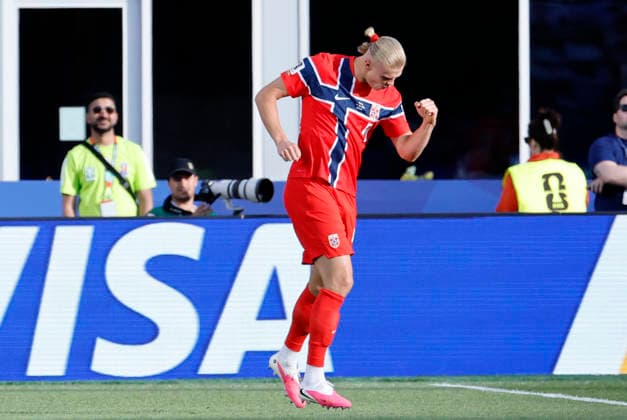 FOXBOROUGH, MA - JUNE 16: Erling Haaland 9 of Norway celebrates his first World Cup goal during a FIFA World Cup, WM, Weltmeisterschaft, Fussball 2026 Group I match between Iraq and Norway on June 16, 2026 at Boston Stadium in Foxborough, Massachusetts. (Photo by Fred Kfoury III Icon Sportswire) SOCCER: JUN 16 FIFA World Cup 26 Group I - Iraq vs Norway EDITORIAL USE ONLY Icon07298