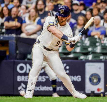 Milwaukee Brewers right fielder Jake Bauers is hits in the foot by a pitch thrown by Cleveland Guardians relief pitcher Colin Holderman in the sixth inning of the MLB, Baseball Herren, USA game between the Cleveland Guardians and the Milwaukee Brewers at American Family Field in Milwaukee, Wisconsin on Tuesday, June 16, 2026.  MIL20260616817 TANNENxMAURY