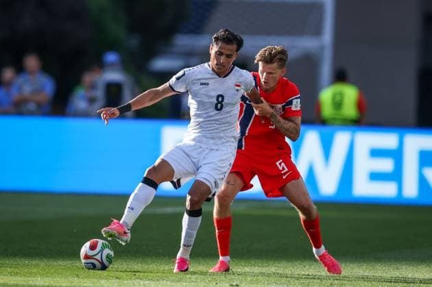 Iraq v Norway: Group I - FIFA World Cup, WM, Weltmeisterschaft, Fussball 2026 FOXBOROUGH, MASSACHUSETTS - JUNE 16: Bayesh 8 of Iraq shields the ball from Kristian Thorstvedt of Norway during the FIFA World Cup 2026 match at Boston Stadium on June 16, 2026. photo by Ayman Aref JNA Press (Photo by Ayman Aref Mohamed Saad El Din JNA Press via Nexpher Images) MASSACHUSETTS