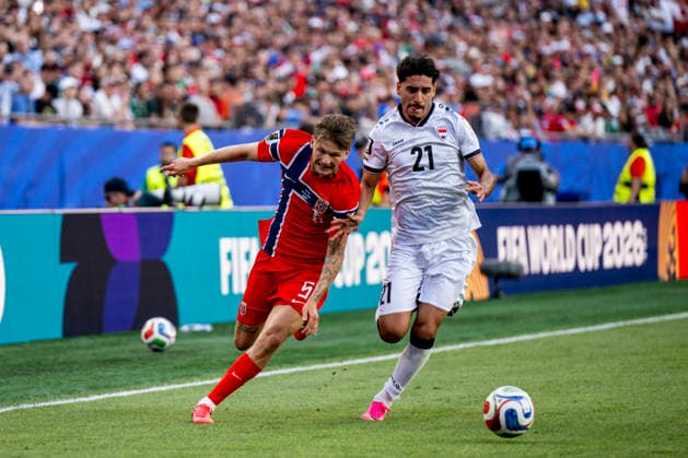 260616 David Moller Wolfe of Norway and Marko Farji of Iraq during the FIFA World Cup, WM, Weltmeisterschaft, Fussball 2026 group stage football match between Iraq and Norway on June 16, 2026 in Foxborough. Photo: Jon Olav Nesvold BILDBYRAN COP 217 VG0955 bbeng fotboll football soccer fotball vm fotbolls-vm fotball-vm fotbolls-vm 2026 fifa world cup 2026 norge norway iraq irak