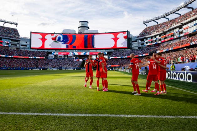 260616 Kristoffer Ajer, Sander Berge, Alexander Sorloth, Fredrik Aursnes, Martin odegaard, Erling Braut Haaland and David Moller Wolfe of Norway celebrate after the 0-1 goal during the FIFA World Cup, WM, Weltmeisterschaft, Fussball 2026 group stage football match between Iraq and Norway on June 16, 2026 in Foxborough. Photo: Jon Olav Nesvold BILDBYRAN COP 217 VG0955 bbeng fotboll football soccer fotball vm fotbolls-vm fotball-vm fotbolls-vm 2026 fifa world cup 2026 norge norway iraq irak jubel