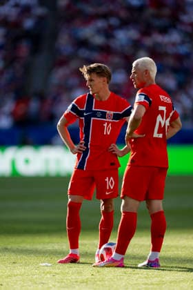 260616 Martin odegaard and Julian Ryerson of Norway during the FIFA World Cup, WM, Weltmeisterschaft, Fussball 2026 group stage football match between Iraq and Norway on June 16, 2026 in Foxborough. Photo: Jon Olav Nesvold BILDBYRAN COP 217 VG0955 bbeng fotboll football soccer fotball vm fotbolls-vm fotball-vm fotbolls-vm 2026 fifa world cup 2026 norge norway iraq irak