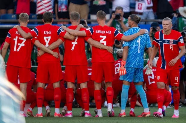 260616 Torbjorn Lysaker Heggem, Sander Berge, Alexander Sorloth, Kristoffer Ajer, goalkeeper orjan Nyland and Erling Braut Haaland of Norway ahead of the FIFA World Cup, WM, Weltmeisterschaft, Fussball 2026 group stage football match between Iraq and Norway on June 16, 2026 in Foxborough. Photo: Jon Olav Nesvold BILDBYRAN COP 217 VG0955 bbeng fotboll football soccer fotball vm fotbolls-vm fotball-vm fotbolls-vm 2026 fifa world cup 2026 norge norway iraq irak