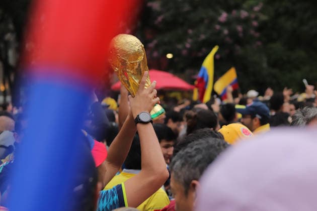 Colombians gather to support their team during the FIFA World Cup, WM, Weltmeisterschaft, Fussball Colombian national team, Nationalteam fans gather at the Angel of Independence monument in host country Mexico ahead the 2026 FIFA World Cup group K match against Uzbekistan. on June 16, 2026 in Mexico City, Mexico. (Photo by Carlos Santiago Eyepix Group) Copyright: xCarlosxSantiagox xEyepixxGroupx CS_16062026_187383