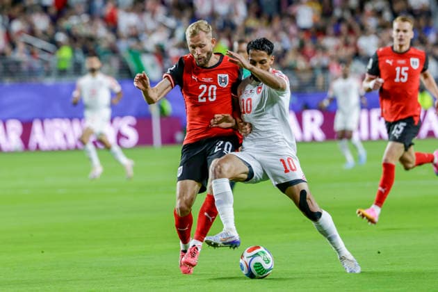 SOCCER - FIFA World Cup, WM, Weltmeisterschaft, Fussball 2026 SANTA CLARA,CALIFORNIA,USA,17.JUN.26 - SOCCER - FIFA World Cup 2026, group stage, Austria vs Jordan. Image shows Konrad Laimer (AUT) and Mousa Altamari (JOR).  GEPAxpictures xArminxRauthner