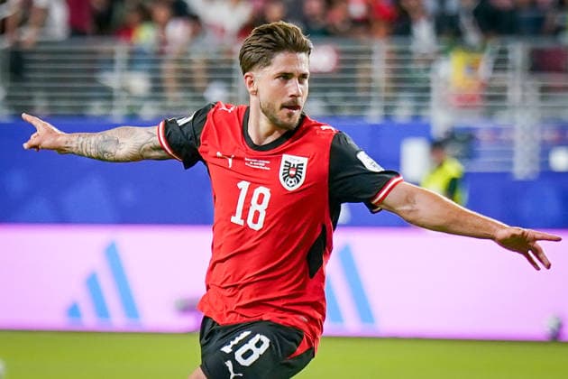USA: Fußball FIFA World Cup, WM, Weltmeisterschaft, Fussball 2026 Gruppenphase Gruppe J Österreich vs Jordanien San Francisco Bay Area Stadium Levi™s Stadium (Santa Clara County, Kalifornien): Tor und Torjubel zum 1:0 durch Romano Schmid (Österreich 18) Freude, Emotionen, Jubel