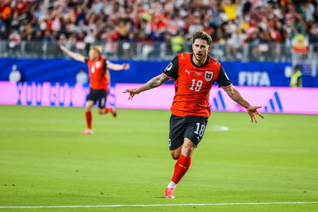June 16, 2026, Santa Clara, California, USA: Santa Clara, USA - June 16 2026: Romano Schmid 18 of Austria scores in the FIFA World Cup, WM, Weltmeisterschaft, Fussball match between Austria and Jordan at San Francisco Bay Area Stadium Santa Clara USA - ZUMAp121 20260616_zsp_p121_010 Copyright: xChrisxPutnamx