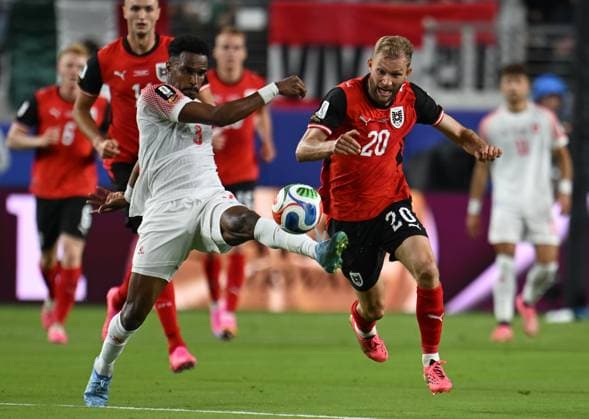 Austria v Jordan - FIFA World Cup, WM, Weltmeisterschaft, Fussball 2026 - Group J SANTA CLARA, UNITED STATES - JUNE 16: Konrad Laimer (20) of Austria in action against Abdallah Nasib (3) of Jordan during 2026 FIFA World Cup First Stage Group J match between Austria and Jordan at San Francisco Bay Area Stadium (Levi’s Stadium) in Santa Clara, California, United States on June 16, 2026. Tayfun Coskun Anadolu California United States. Editorial use only. Please get in touch for any other usage.  Copyright: x2026xAnadoluxTayfunxCoskunx