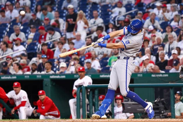 June 16, 2026, Washington D.C, District Of Columbia, United States: Washington, DC; Kansas City Royals center fielder Kameron Misner (26) hits a fly ball during the Major League Baseball game between the Washington Nationals and the Kansas City Royals at Nationals Park on Tuesday, June 16, 2026. The Nationals beat the Royals 6-4. Washington D.C United States - ZUMAp258 20260616_znp_p258_052 Copyright: xStevexPrakopex