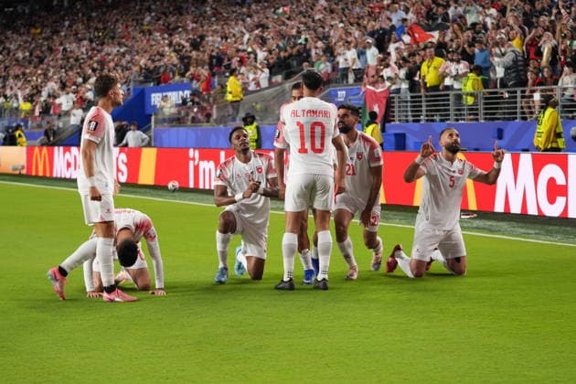 Austria v Jordan - FIFA World Cup, WM, Weltmeisterschaft, Fussball 2026 - Group J SANTA CLARA, UNITED STATES - JUNE 16: Ali Olwan (9) of Jordan celebrates with his teammates after scoring a goal during 2026 FIFA World Cup First Stage Group J match between Austria and Jordan at San Francisco Bay Area Stadium (Levi’s Stadium) in Santa Clara, California, United States on June 16, 2026. Tayfun Coskun Anadolu California United States. Editorial use only. Please get in touch for any other usage.  Copyright: x2026xAnadoluxTayfunxCoskunx