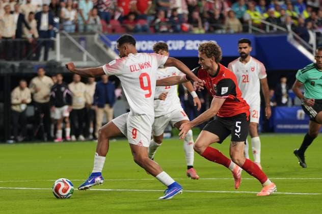 Austria v Jordan - FIFA World Cup, WM, Weltmeisterschaft, Fussball 2026 - Group J SANTA CLARA, UNITED STATES - JUNE 16: Ali Olwan (9) of Jordan in action against Stefan Posch (5) of Austria during 2026 FIFA World Cup First Stage Group J match between Austria and Jordan at San Francisco Bay Area Stadium (Levi’s Stadium) in Santa Clara, California, United States on June 16, 2026. Tayfun Coskun Anadolu California United States. Editorial use only. Please get in touch for any other usage.  Copyright: x2026xAnadoluxTayfunxCoskunx