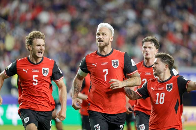 SOCCER - FIFA World Cup, WM, Weltmeisterschaft, Fussball 2026 SANTA CLARA,CALIFORNIA,USA,17.JUN.26 - SOCCER - FIFA World Cup 2026, group stage, Austria vs Jordan. Image shows the rejoicing of Stefan Posch, Marko Arnautovic , Paul Wanner and Romano Schmid (AUT).  GEPAxpictures xArminxRauthner