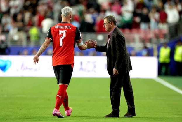 FIFA World Cup, WM, Weltmeisterschaft, Fussball 2026 - Group J - Austria vs Jordan Marko Arnautovic (L) of Austria is congratulated by head coach Ralf Rangnick after scoring his team s third goal from a penalty during the FIFA World Cup 2026 group stage match Austria against Jordan, in San Francisco, USA, 16 June 2026. SAN FRANCISCO United States  Copyright: xBENJAMINxFANJOYx