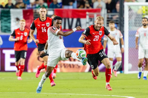 SANTA CLARA, CA - JUNE 16: Abdallah Nasib 3 of Jordan kicks the ball against Konrad Laimer 20 of Austria during the FIFA World Cup, WM, Weltmeisterschaft, Fussball 2026 Group J match between Austria and Jordan on June 16, 2026 at San Francisco Bay Area Stadium in Santa Clara, CA. (Photo by Matthew Huang Icon Sportswire) SOCCER: JUN 16 FIFA World Cup 26 Group J - Austria vs Jordan EDITORIAL USE ONLY Icon260616014