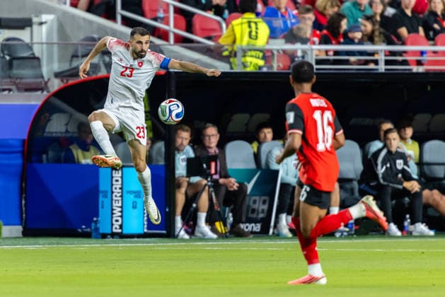 SANTA CLARA, CA - JUNE 16: Ehsan Haddad 23 of Jordan retrieves a pass during the FIFA World Cup, WM, Weltmeisterschaft, Fussball 2026 Group J match between Austria and Jordan on June 16, 2026 at San Francisco Bay Area Stadium in Santa Clara, CA. (Photo by Matthew Huang Icon Sportswire) SOCCER: JUN 16 FIFA World Cup 26 Group J - Austria vs Jordan EDITORIAL USE ONLY Icon260616017