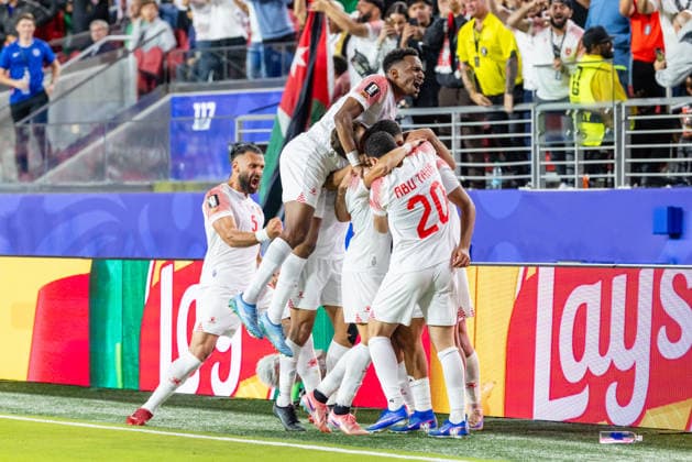 SANTA CLARA, CA - JUNE 16: Ali Olwan 9 of Jordan celebrates a goal with teammates in the second half of the FIFA World Cup, WM, Weltmeisterschaft, Fussball 2026 Group J match between Austria and Jordan on June 16, 2026 at San Francisco Bay Area Stadium in Santa Clara, CA. (Photo by Matthew Huang Icon Sportswire) SOCCER: JUN 16 FIFA World Cup 26 Group J - Austria vs Jordan EDITORIAL USE ONLY Icon260616022