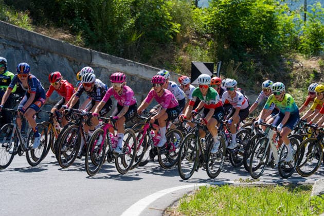 SONDRIO, ITALY - JUNE 17: L-R) ARENS Megan 91 of Team Picnic PostNL, HABERLIN Steffi 101 of Team SD Worx - Protime, BERTHET Juliette 41 of FDJ United - SUEZ, DUBAU-PREVOT Axelle 34 of EF Education-Oatly, KERBAOL Cedrine 31 of EF Education-Oatly, LONGO BORGHINI Elisa 121 of UAE Team ADQ, NIEWIADOMA-PHINNEY Kasia 21 of CANYON SRAM in action on June 16, 2026 in Sondrio, Italy.