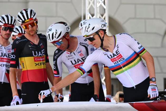 Tour de Suisse 2026 Stage 1 SONDRIO, ITALY - JUNE 17 : Wellens Tim (BEL) of UAE Team Emirates - XRG, Novak Domen (SLO) of UAE Team Emirates - XRG, Pogacar Tadej (SLO) of UAE Team Emirates - XRG during stage 1 of the 89th edition of Tour de Suisse an UCI World Tour 2.UWT cycling road race stage for Men Elite of 144 km with start in Sondrio and finish in Sondrio on June 17, 2026 in Sondrio, Italy, 17 06 2026 ( Motordriver Guy De Vuyst - Sondrio Italy  Copyright: xVincentxKalutx