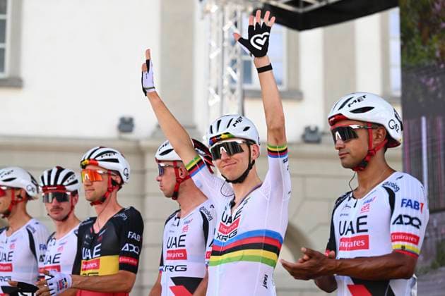 Tour de Suisse 2026 Stage 1 SONDRIO, ITALY - JUNE 17 : Pogacar Tadej (SLO) of UAE Team Emirates - XRG during stage 1 of the 89th edition of Tour de Suisse an UCI World Tour 2.UWT cycling road race stage for Men Elite of 144 km with start in Sondrio and finish in Sondrio on June 17, 2026 in Sondrio, Italy, 17 06 2026 ( Motordriver Guy De Vuyst - Sondrio Italy  Copyright: xVincentxKalutx