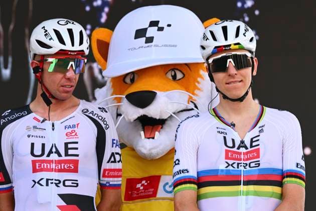 Tour de Suisse 2026 Stage 1 SONDRIO, ITALY - JUNE 17 : Novak Domen (SLO) of UAE Team Emirates - XRG and Pogacar Tadej (SLO) of UAE Team Emirates - XRG during stage 1 of the 89th edition of Tour de Suisse an UCI World Tour 2.UWT cycling road race stage for Men Elite of 144 km with start in Sondrio and finish in Sondrio on June 17, 2026 in Sondrio, Italy, 17 06 2026 ( Motordriver Guy De Vuyst - Sondrio Italy  Copyright: xVincentxKalutx