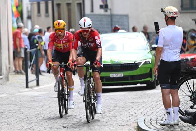 Tour de Suisse 2026 Stage 1 SONDRIO, ITALY - JUNE 17 : Beullens Cedric (BEL) of Lotto Intermarche, Dversnes Lavik Fredrik (NOR) of UNO-X Mobility during stage 1 of the 89th edition of Tour de Suisse an UCI World Tour 2.UWT cycling road race stage for Men Elite of 144 km with start in Sondrio and finish in Sondrio on June 17, 2026 in Sondrio, Italy, 17 06 2026 ( Motordriver Guy De Vuyst - Sondrio Italy  Copyright: xVincentxKalutx