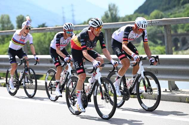 Tour de Suisse 2026 Stage 1 SONDRIO, ITALY - JUNE 17 : Wellens Tim (BEL) of UAE Team Emirates - XRG, Politt Nils (GER) of UAE Team Emirates - XRG during stage 1 of the 89th edition of Tour de Suisse an UCI World Tour 2.UWT cycling road race stage for Men Elite of 144 km with start in Sondrio and finish in Sondrio on June 17, 2026 in Sondrio, Italy, 17 06 2026 ( Motordriver Guy De Vuyst - Sondrio Italy  Copyright: xVincentxKalutx