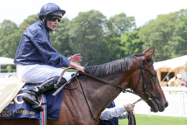 17.06.2026, Ascot, Windsor, GBR - Victorious with Ryan Moore up after winning the Queen Mary Stakes. Ascot racecourse. (Pferd, Jockey, Victorious, Moore, Sieg) 260617D536ROYAL_ASCOT.JPG