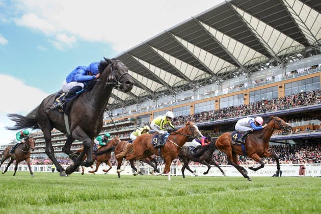 17.06.2026, Ascot, Windsor, GBR - Limestone (farside) with Dylan Browne McMonagle up wins the Queen s Vase. Ascot racecourse. (Pferd, Jockey, Limestone, McMonagle, Sieg, Ziel, Zielankunft, Del Maro) 260617D542ROYAL_ASCOT.JPG