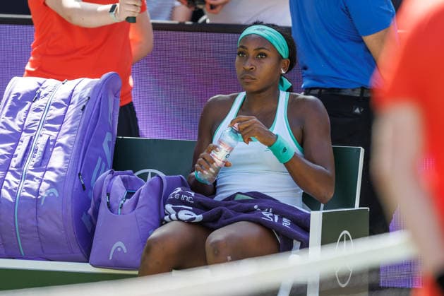 Berlin, 15.06.26, Tennis: VANDA Pharmaceuticals BERLIN TENNIS OPEN 2026 im Steffi-Graf-Stadion. Damen, Einzel. P. Badosa (ESP) vs C. Gauff (USA). Coco Gauff sitzt auf der Bank. VANDA Pharmaceuticals BERLIN TENNIS OPEN 2026