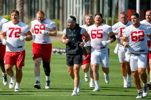 June 17, 2026, Tampa, Florida, USA: Tampa Bay Buccaneers quarterback Baker Mayfield (6) and the offensive line finish warming up during mandatory minicamp at the AdventHealth Training Center in Tampa on Wednesday, June 17, 2026. Tampa USA - ZUMAs70_ 0859377806st Copyright: xJeffereexWoox