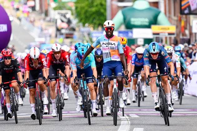 Baloise Belgium Tour 2026 Stage 1 SCHERPENHEUVEN-ZICHEM, BELGIUM - JUNE 17 : Merlier Tim (BEL) of Soudal Quick Step, Girmay Biniam (ERI) of NSN Cycling Team at the finish line during stage 1 of the 95th edition of Baloise Tour of Belgium an UCI ProSeries 2.Pro cycling road race stage for Men Elite of 187.9 km with start in Scherpenheuven-Zichem and finish in Scherpenheuven-Zichem on June 17, 2026 in Scherpenheuven-Zichem, Belgium, 17 06 2026 ( Motordriver Stephan Boone - Scherpenheuven-Zichem Belgium  Copyright: xTomasxSiskx