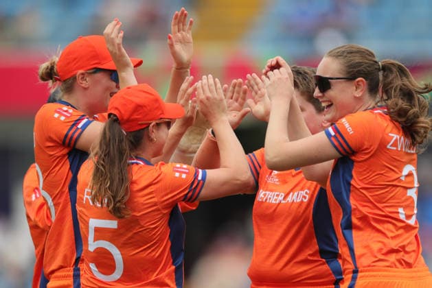 India Women v Netherlands Women, ICC Women s T20 World Cup Netherlands Women celebrate the wicket of Shafali Verma of India Women during the ICC Women s T20 World Cup match between India Women and Netherlands Women at Headingley Stadium, Leeds, UK on 17 June 2026. Leeds Headingley Stadium West Yorkshire UK Editorial use only , Copyright: xAlunxRobertsx PSI-24328-0022