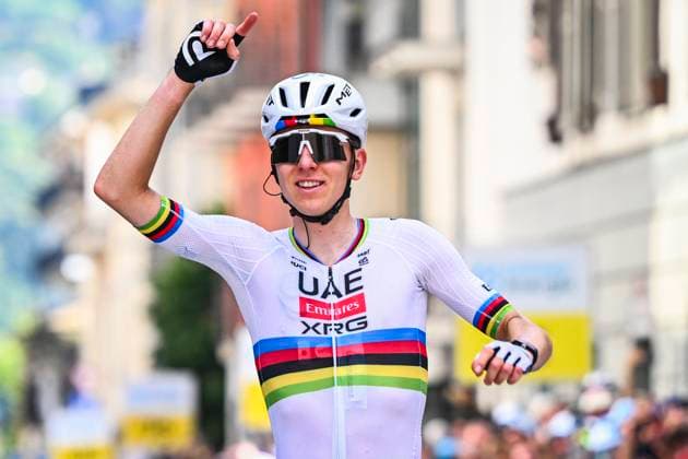 Tour de Suisse 2026 Stage 1 SONDRIO, ITALY - JUNE 17 : Pogacar Tadej (SLO) of UAE Team Emirates XRG celebrating his victory during stage 1 of the 89th edition of Tour de Suisse an UCI World Tour 2.UWT cycling road race stage for Men Elite of 144 km with start in Sondrio and finish in Sondrio on June 17, 2026 in Sondrio, Italy, 17 06 2026 ( Motordriver Guy De Vuyst - Sondrio Italy  Copyright: xVincentxKalutx